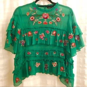 Zara green chiffon embroidered top w ruffles